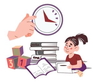 Clock next to a student, or a stopwatch with papers scattered.